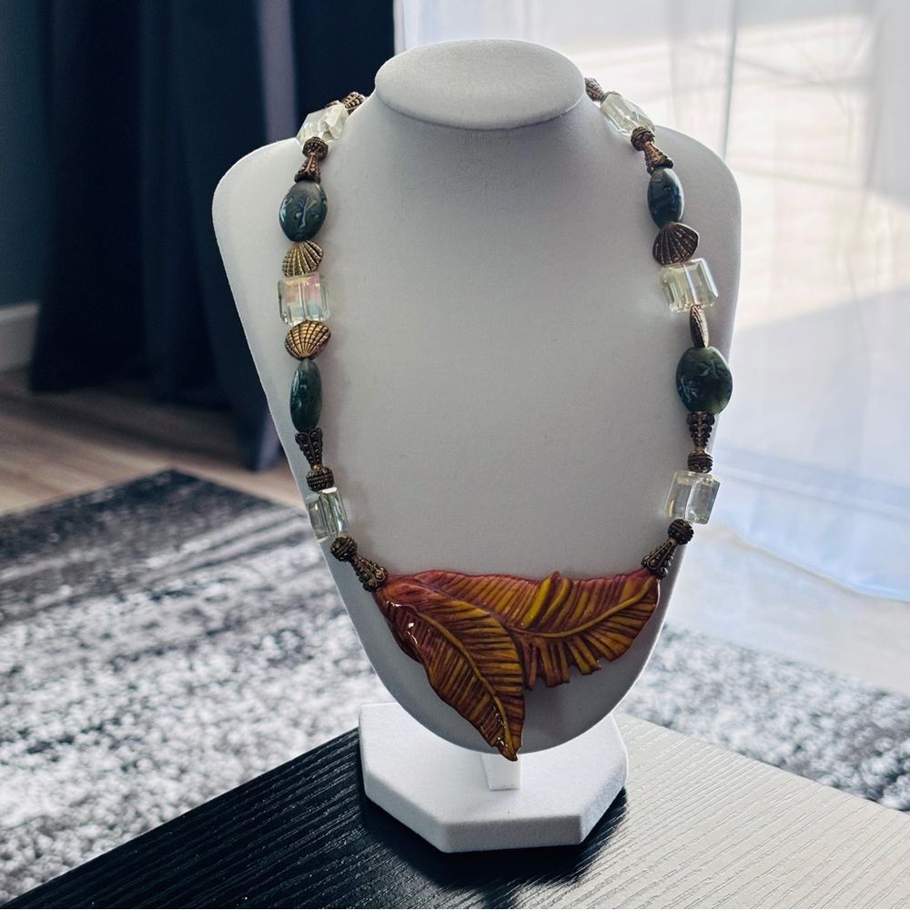 Boho Leaf Statement Necklace Green Beads Crystal Accents Nature Pendant